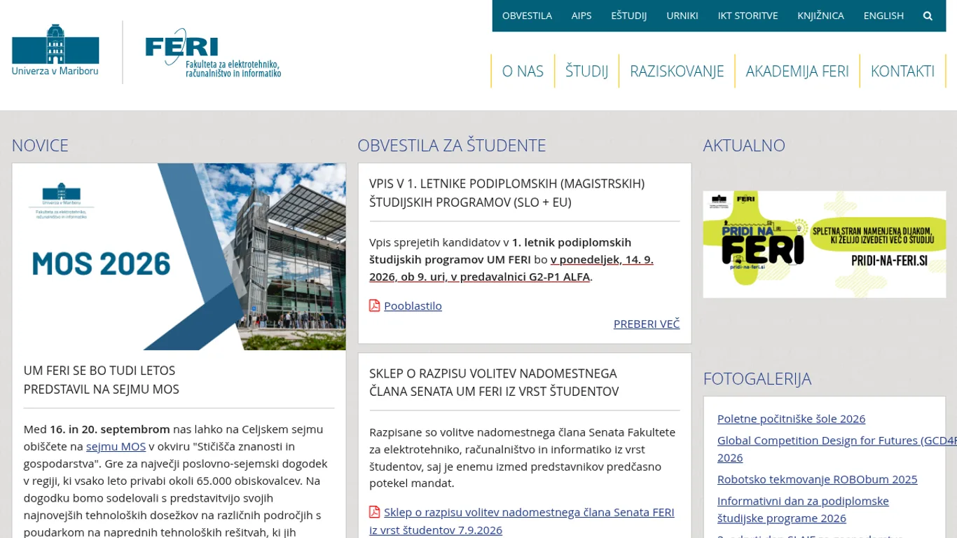 Domača stran Fakulteta za elektrotehniko, računalništvo in informatiko Maribor – FERI