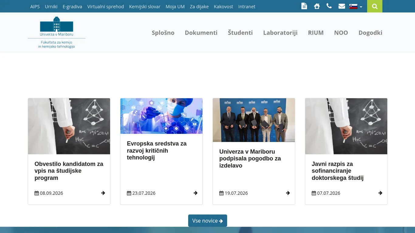 Domača stran Fakulteta za kemijo in kemijsko tehnologijo Maribor