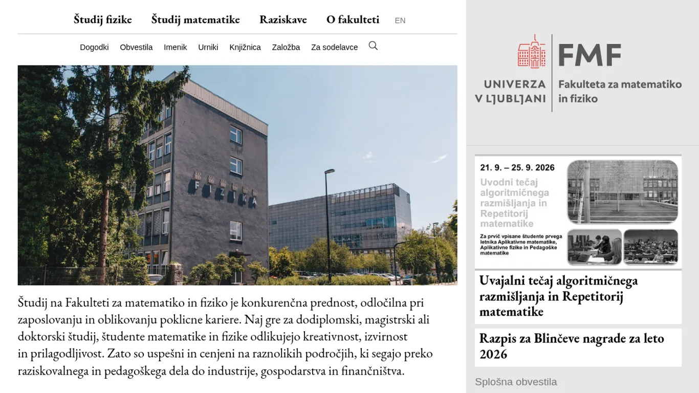 Domača stran Fakulteta za matematiko in fiziko