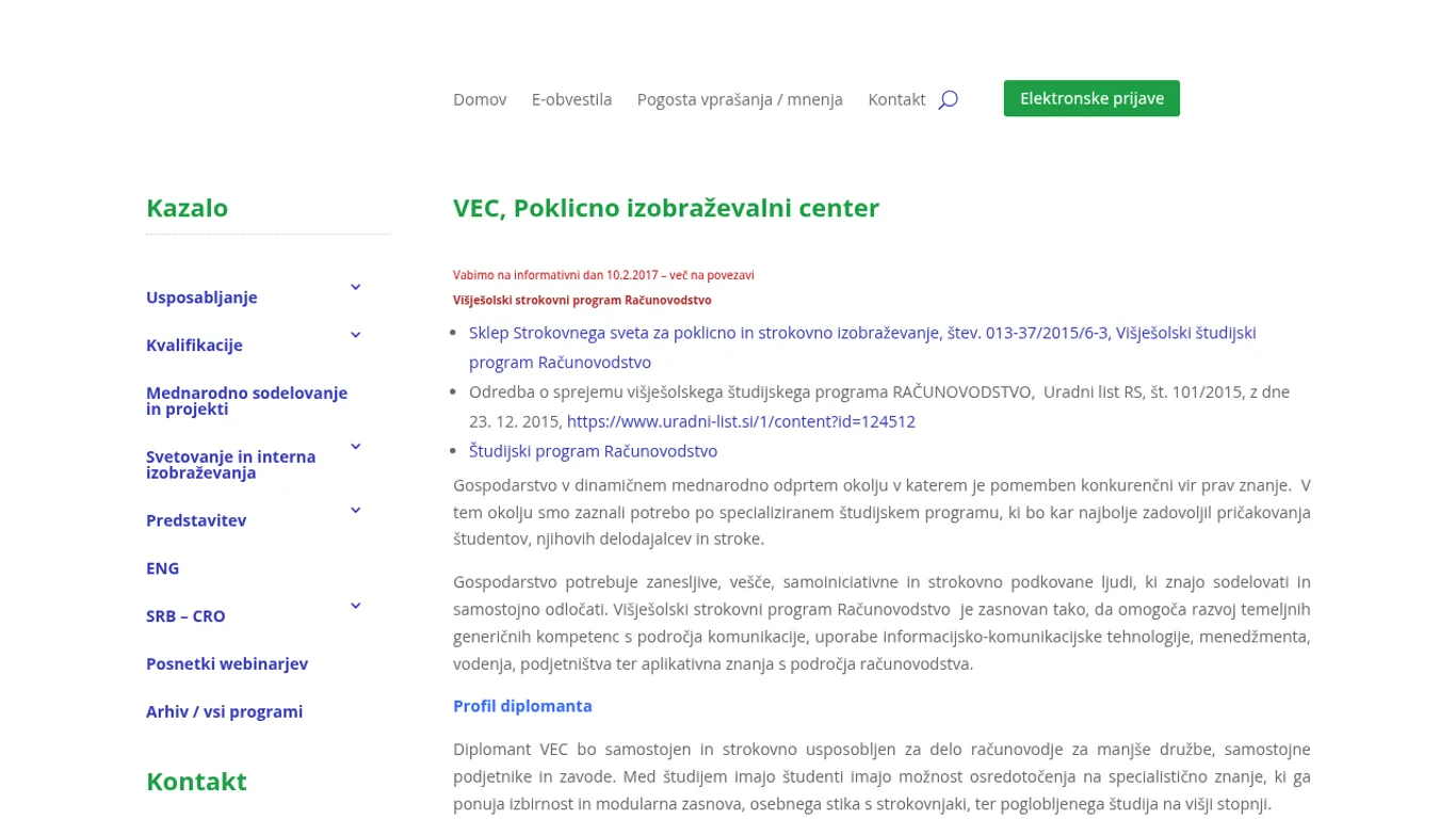 Domača stran VEC Poklicno izobraževalni center, Ljubljana